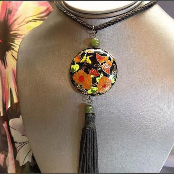Cloisonne Tassel Necklace Puffed Butterfly Pendant w Jade Beads 16830 - Picture 3 of 6